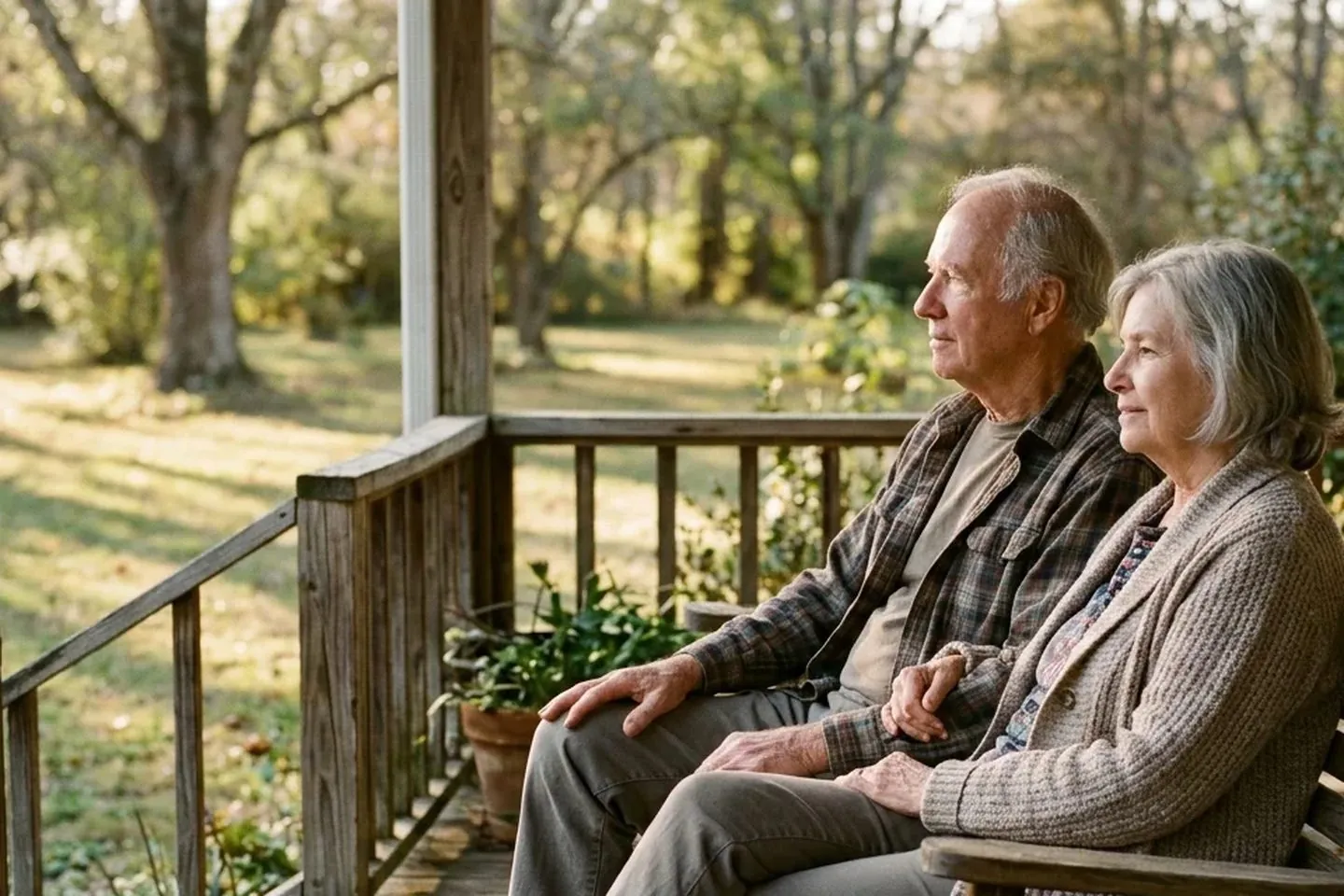 An older couple sitting together on a porch in the late afternoon